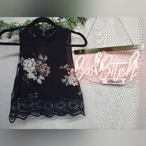 Kendall & Kylie black crochet trim floral high neck crop tank top